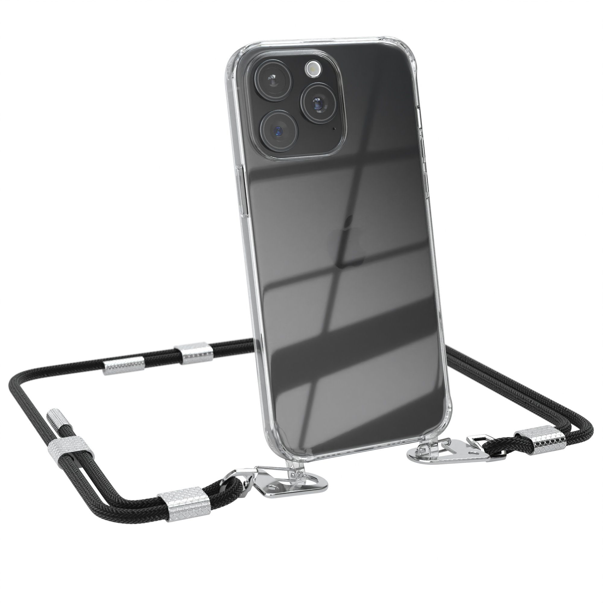 EAZY CASE Handykette Silikonhülle mit Kette für Apple iPhone 15 Pro Max 6,7 Zoll, Ketten Hülle Transparent Case Kettenhülle abnehmbare Kordel Schwarz
