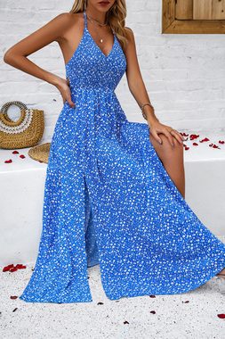 ZWY Dirndl Sling-bedrucktes Kleid mit V-Ausschnitt und Bohemian-Strandkleid (Größe: S-XL) Strap Waist Design Sommerkleider Damen leicht und luftig