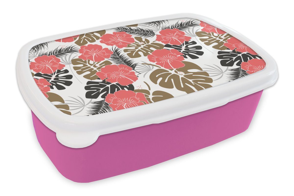 Brotbox MuchoWow Kinder, Hawaii, - Kunststoff, Mädchen, für Pflanzen Exotische (2-tlg), rosa Snackbox, Erwachsene, Brotdose Muster - Kunststoff Lunchbox