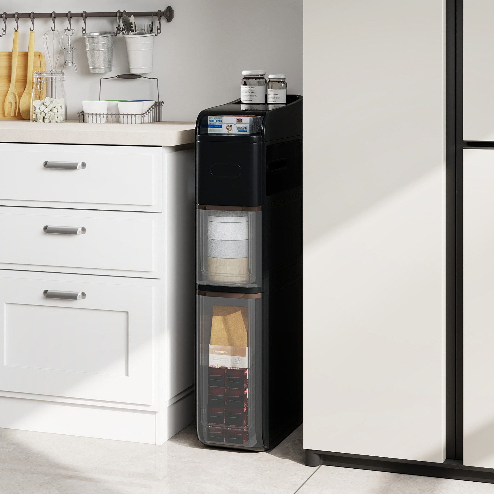 COSTWAY Badkommode, Nischenschrank schmal mit 2 Schubladen, Taschentuchbox, Rollen