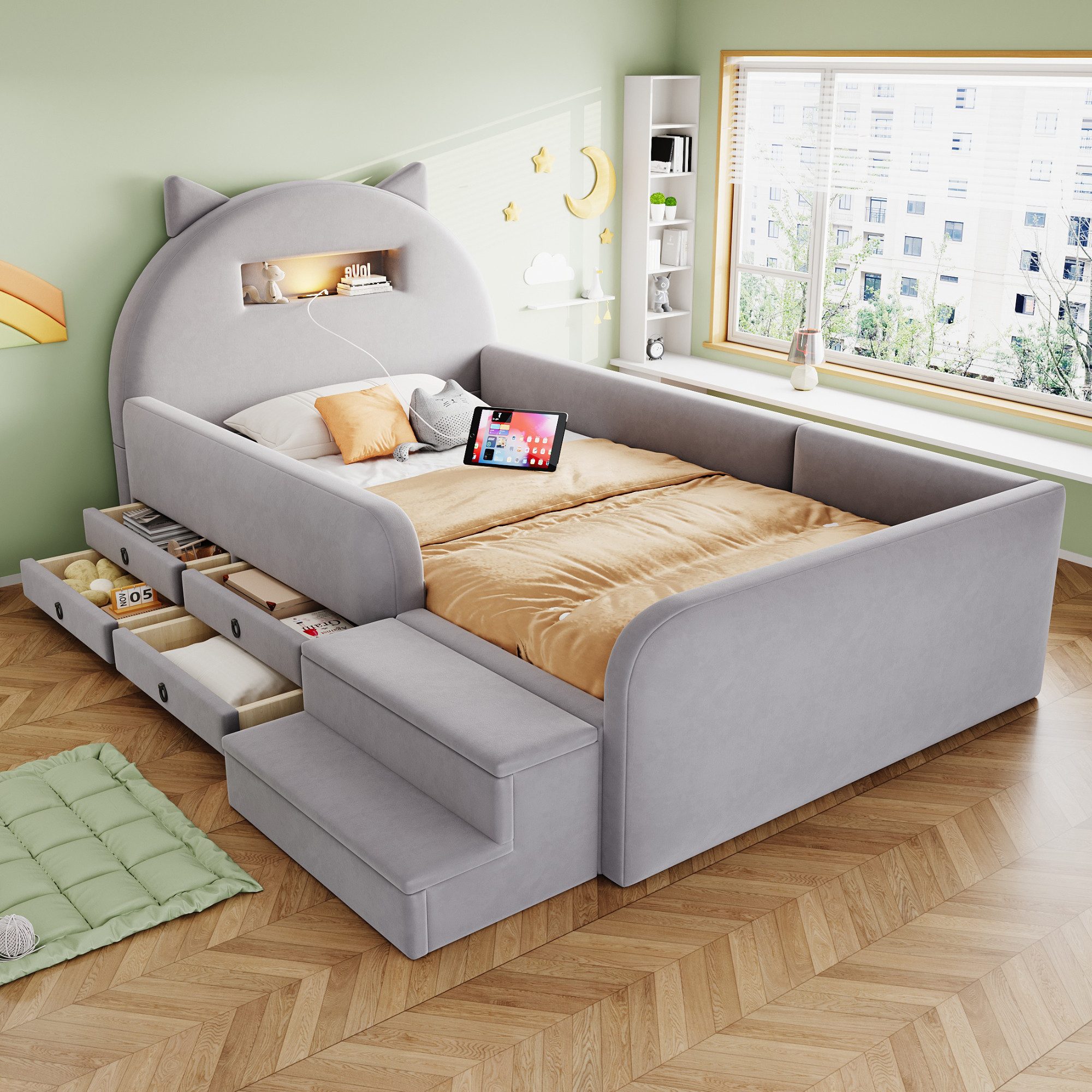 STILVORA Polsterbett 90×200 mit Stauraum Funktionbett Kinderbett, ohne Matratze (Jugendbett, USB-Anschluss, Nachtlicht, 4 Schubladen, Samtbezug, Ohrkopfteil, Stufenbank, Komfortpolster, hautfreundlicher Samt), für Kinderzimmer, Jugendzimmer, Gästezimmer