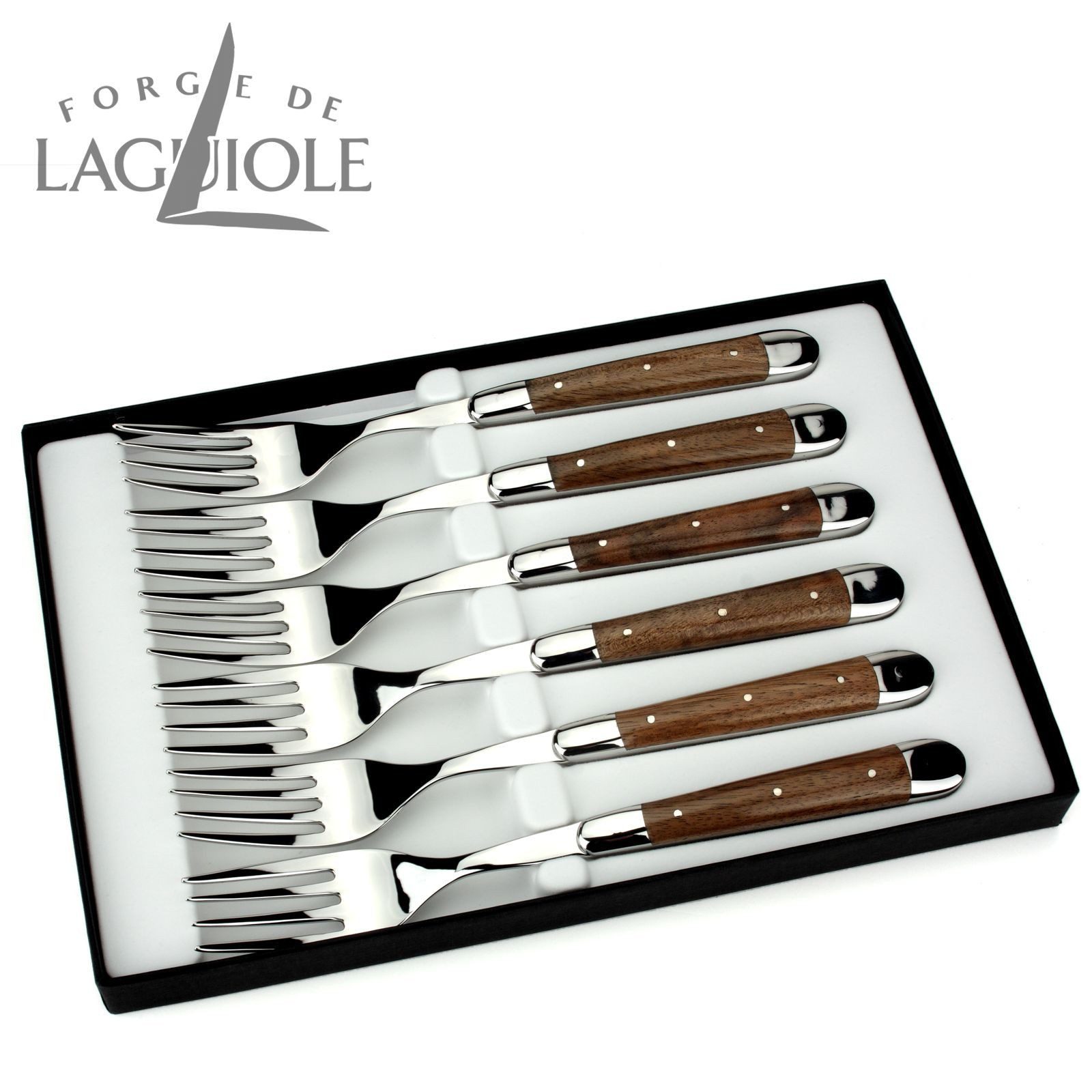 Forge de Laguiole Steakbesteck FE6 2M IN NO BRI, 6 Gabeln - Griff Nussbaum - Stahl glänzend