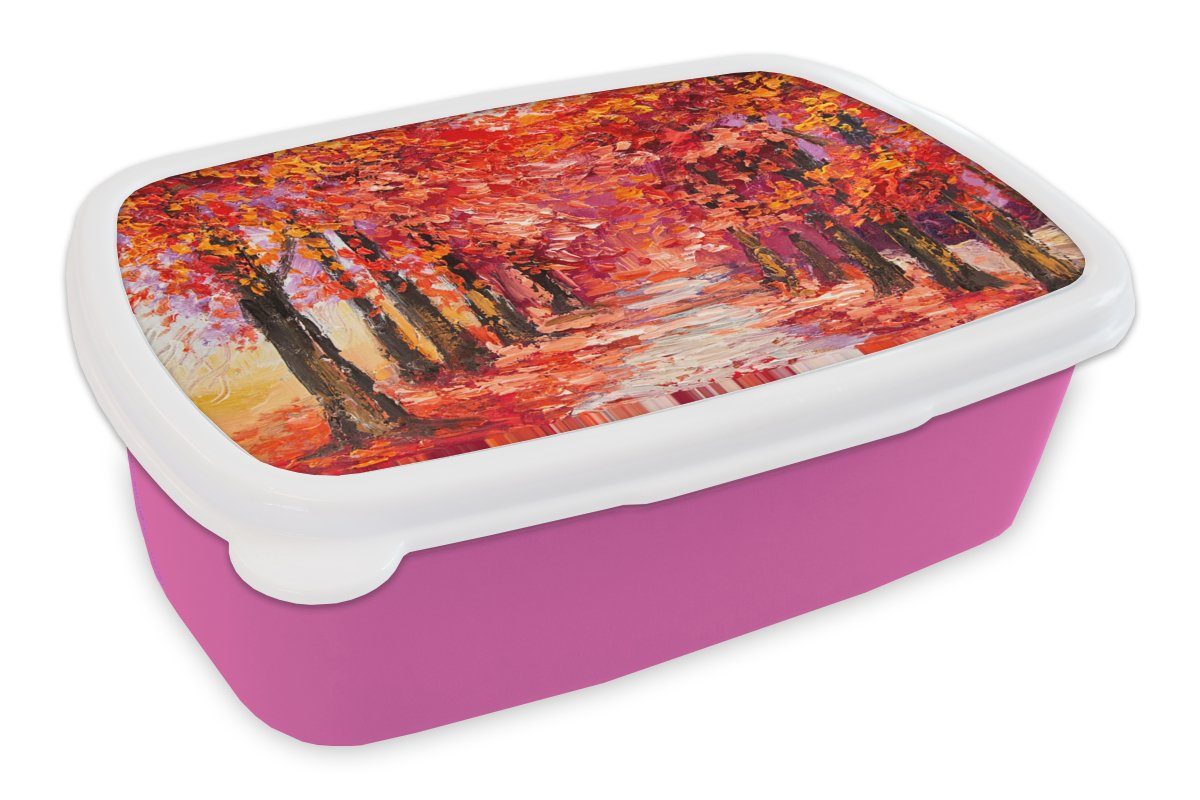 MuchoWow Lunchbox Gemälde - Bäume - Herbst - Ölgemälde, Kunststoff, (2-tlg), Brotbox für Erwachsene, Brotdose Kinder, Snackbox, Mädchen, Kunststoff rosa