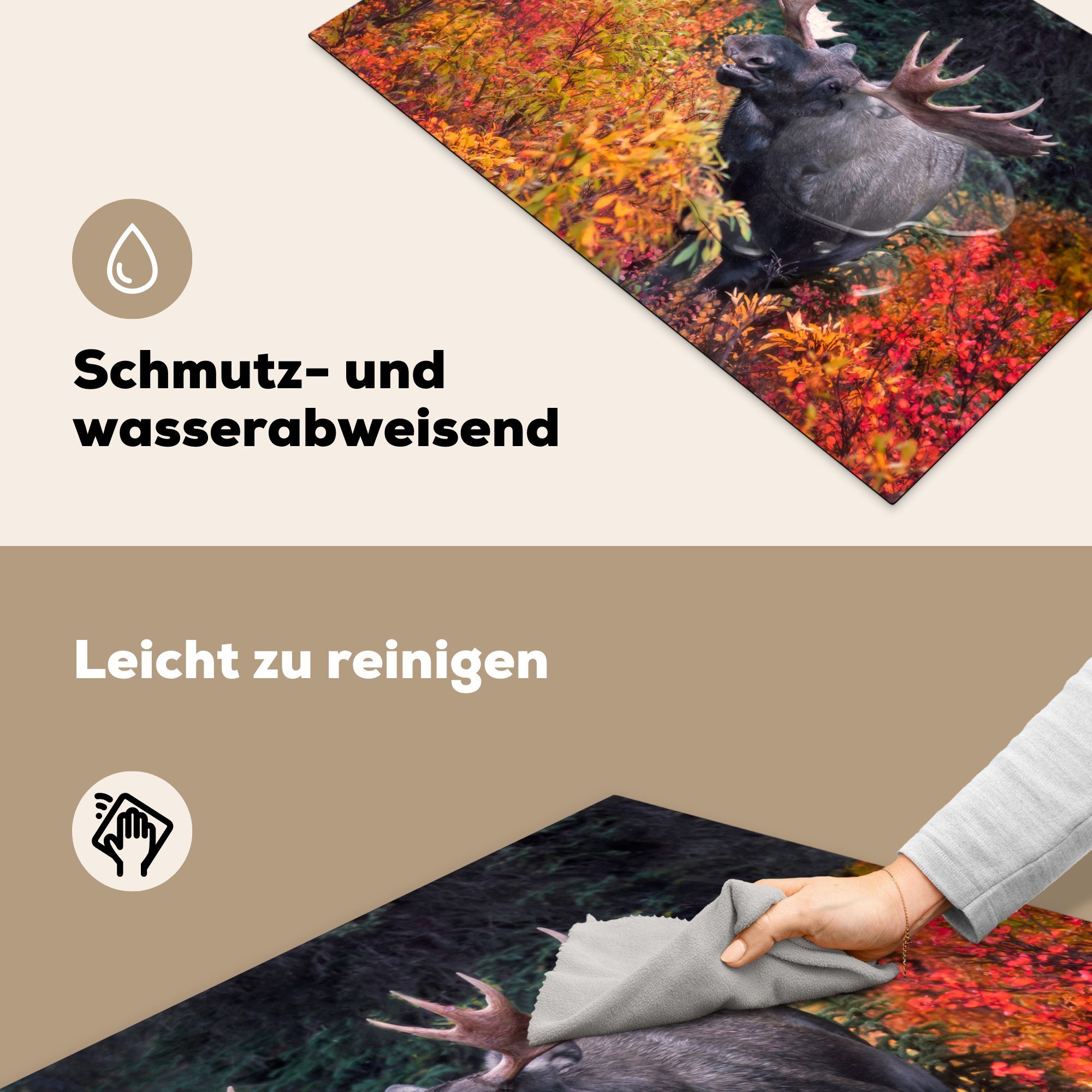 Elch MuchoWow Blumen Beerensträuchern, (1 und 81x52 Ein küche, die Schutz cm, für Vinyl, tlg), Herdblende-/Abdeckplatte bunten Ceranfeldabdeckung zwischen Induktionskochfeld