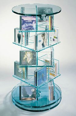 Design Objekte Media-Regal CD-DVD-Archiv drehbar aus Glas mit Rollenlager, 5-Stöckig oder 7-Stöckig, 250 CD's bzw. 350 CD's