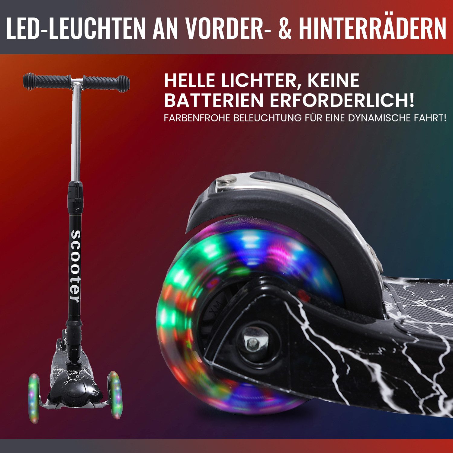 Habib Gruppe Dreiradscooter Kinderroller ab 3 Jahre mit Metall-Trittbrett LED klappbar, Metall-Trittbrett, LED-Räder, klappbar, Lenker höhenverstellbar – Bild 3 von 5