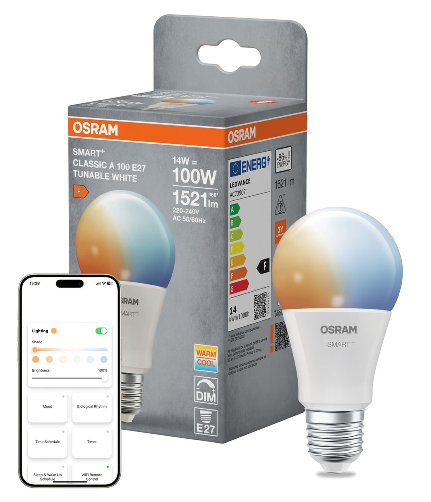 Licht-Erlebnisse LED-Leuchtmittel LAMP, E27, Smarte Lampe E27 2700-6500 K 1521 lm dimmbar via App hell Matter