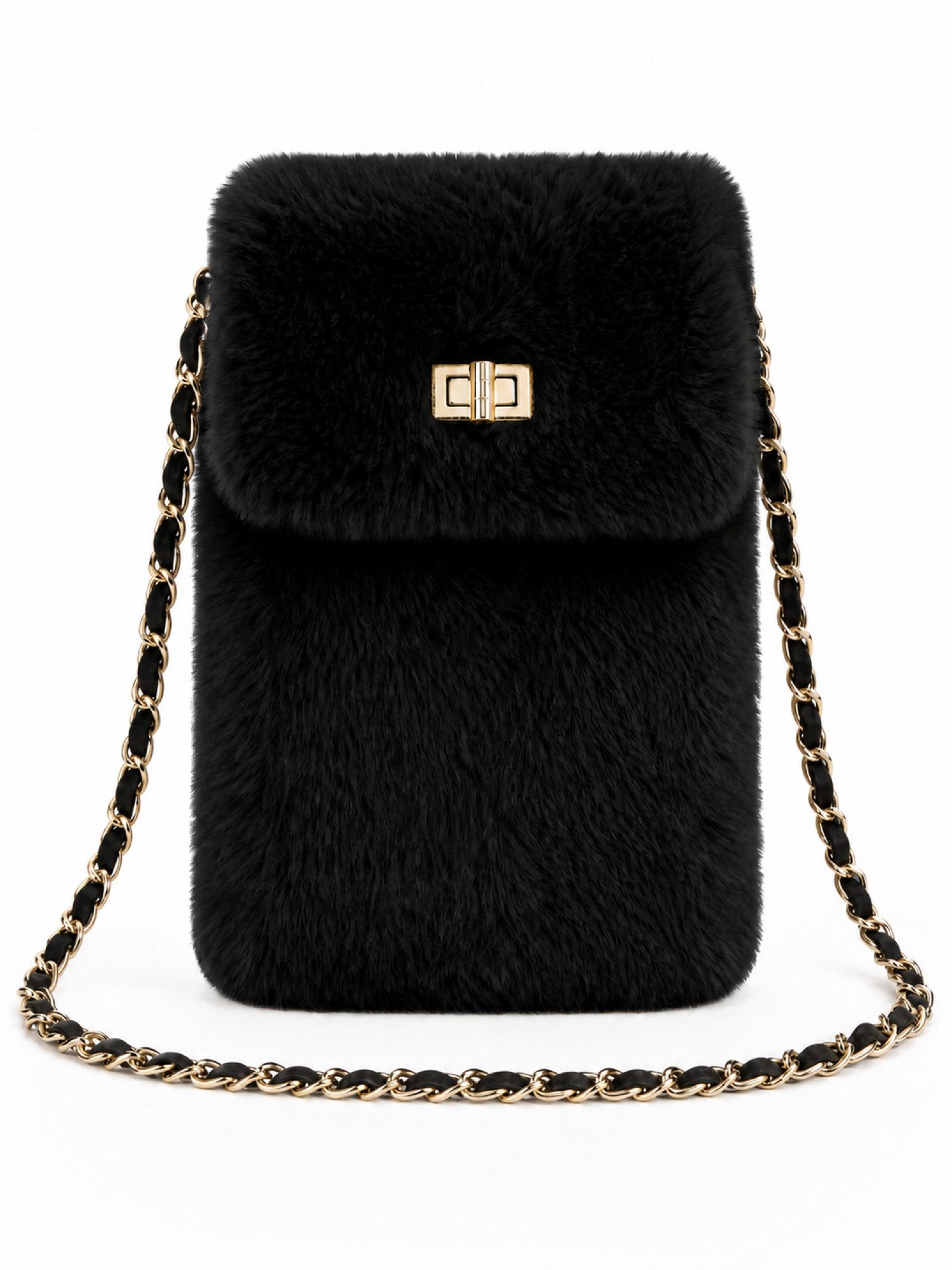 BRISE TASCHE Umhängetasche Mini Umhängetasche aus Kunstfell mit Kettenriemen, weiches Kunstfell, goldfarbener Kettenriemen, Drehverschluss