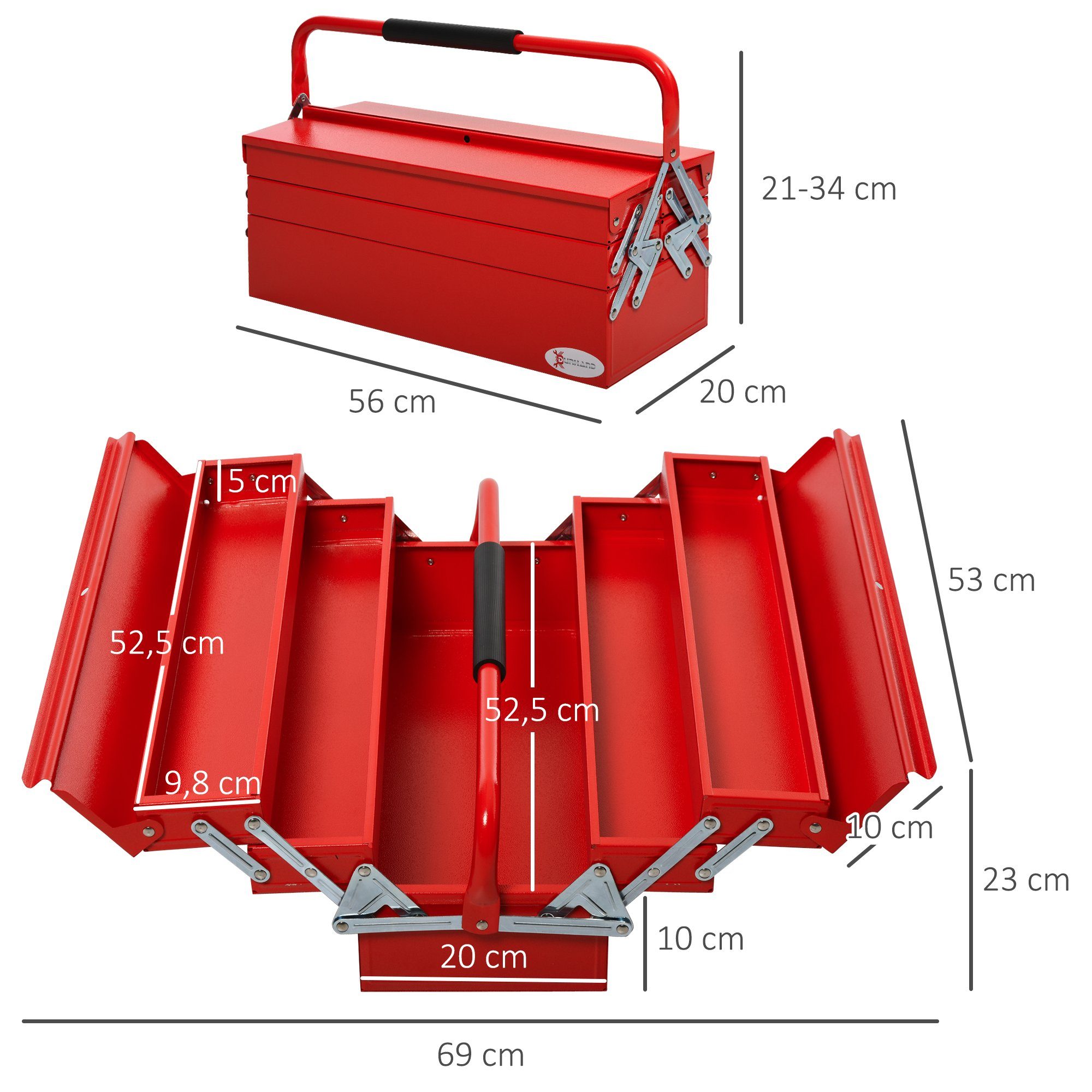 Durhand Werkzeugbox Werkzeugkasten (Set, 1 St., 1 Werkzeugkasten), 5 Fächer aufklappbar Stahl (SPCC) Rot 56 x 20 x 41 cm