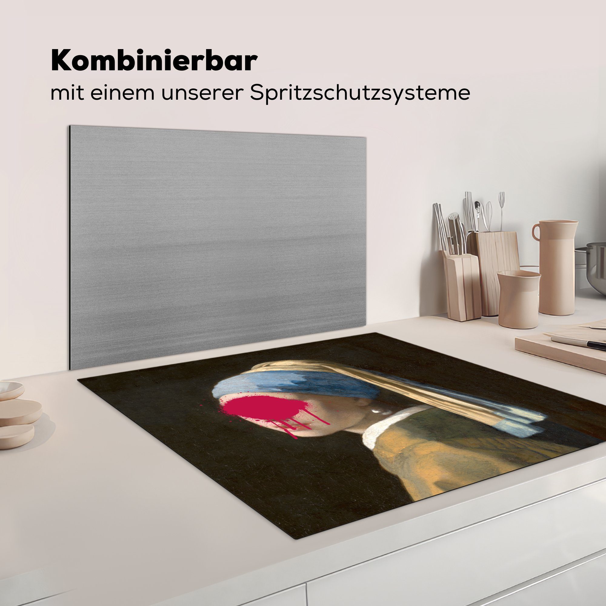 Herdblende-/Abdeckplatte Mädchen Arbeitsplatte MuchoWow tlg), küche Ceranfeldabdeckung, - (1 Perlenohrring Vinyl, mit Vermeer - für 78x78 cm, Kunst,