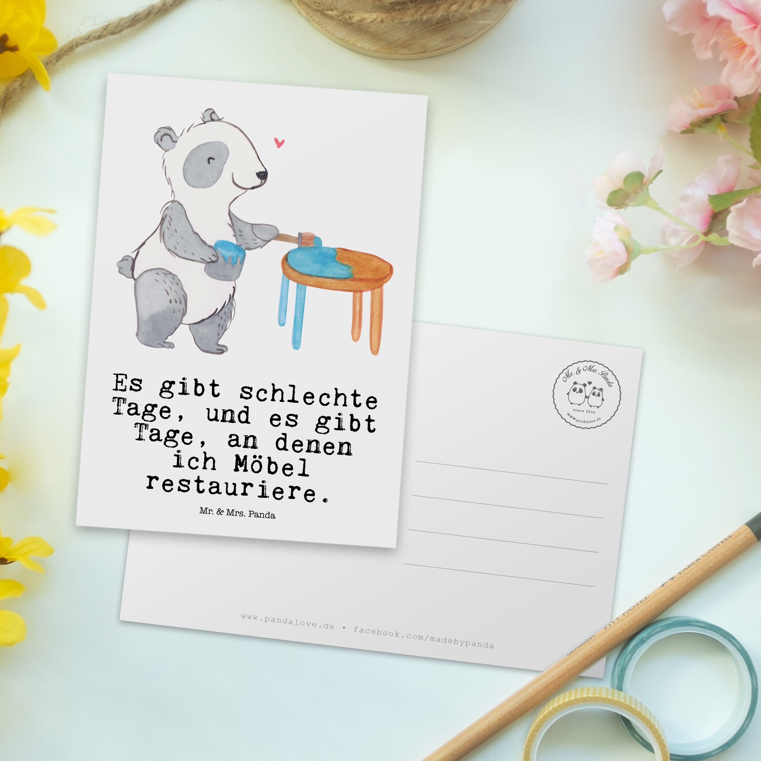 Postkarte Mrs. Geschenk, restaurieren - Mr. Gewinn Möbel Panda Tage Panda & Dankeskarte, Weiß -