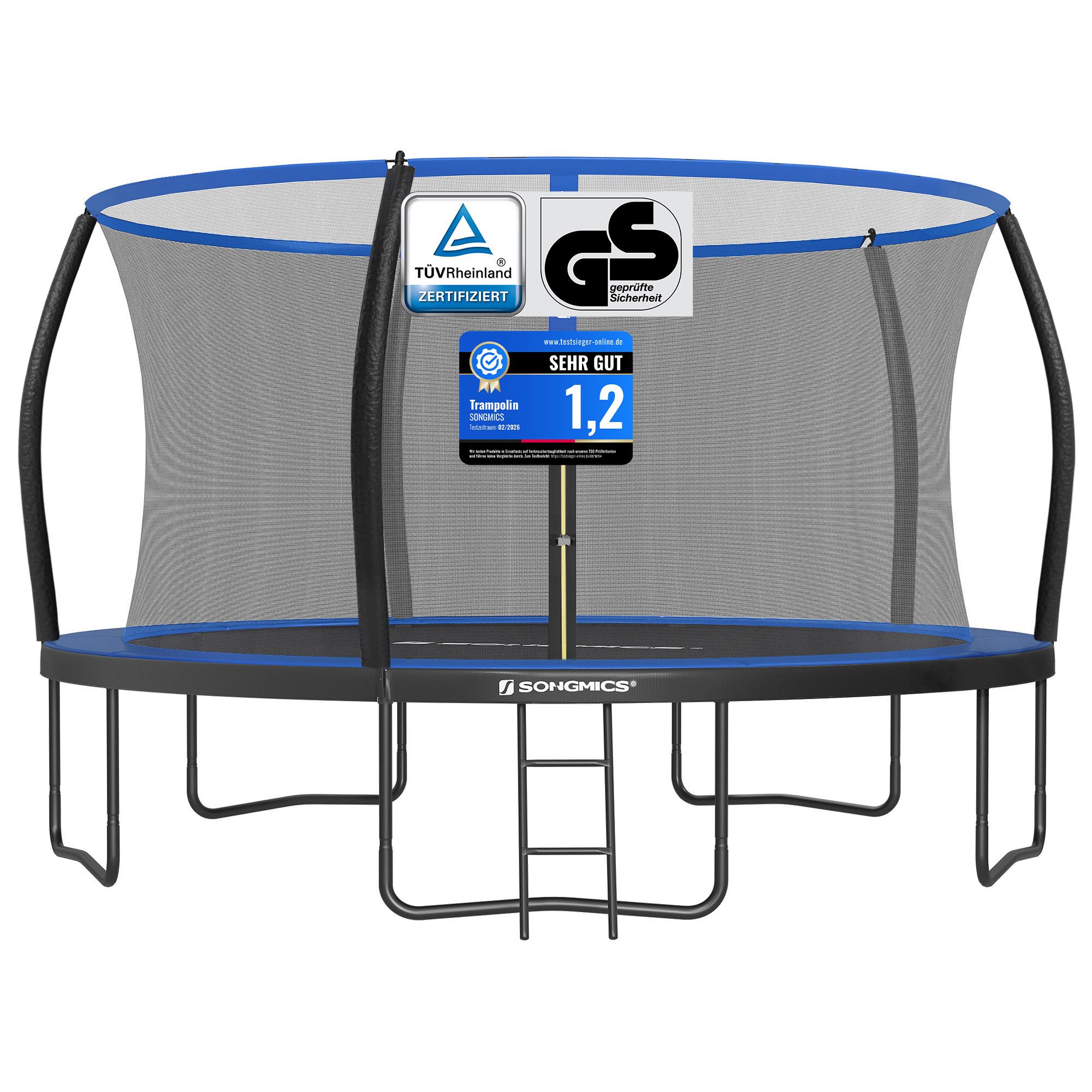 SONGMICS Gartentrampolin Ø 244/305/366/427 cm, Ø 427 cm, bis zu 80-150 kg belastbar, Trampolin mit Leiter und Sicherheitsnetz