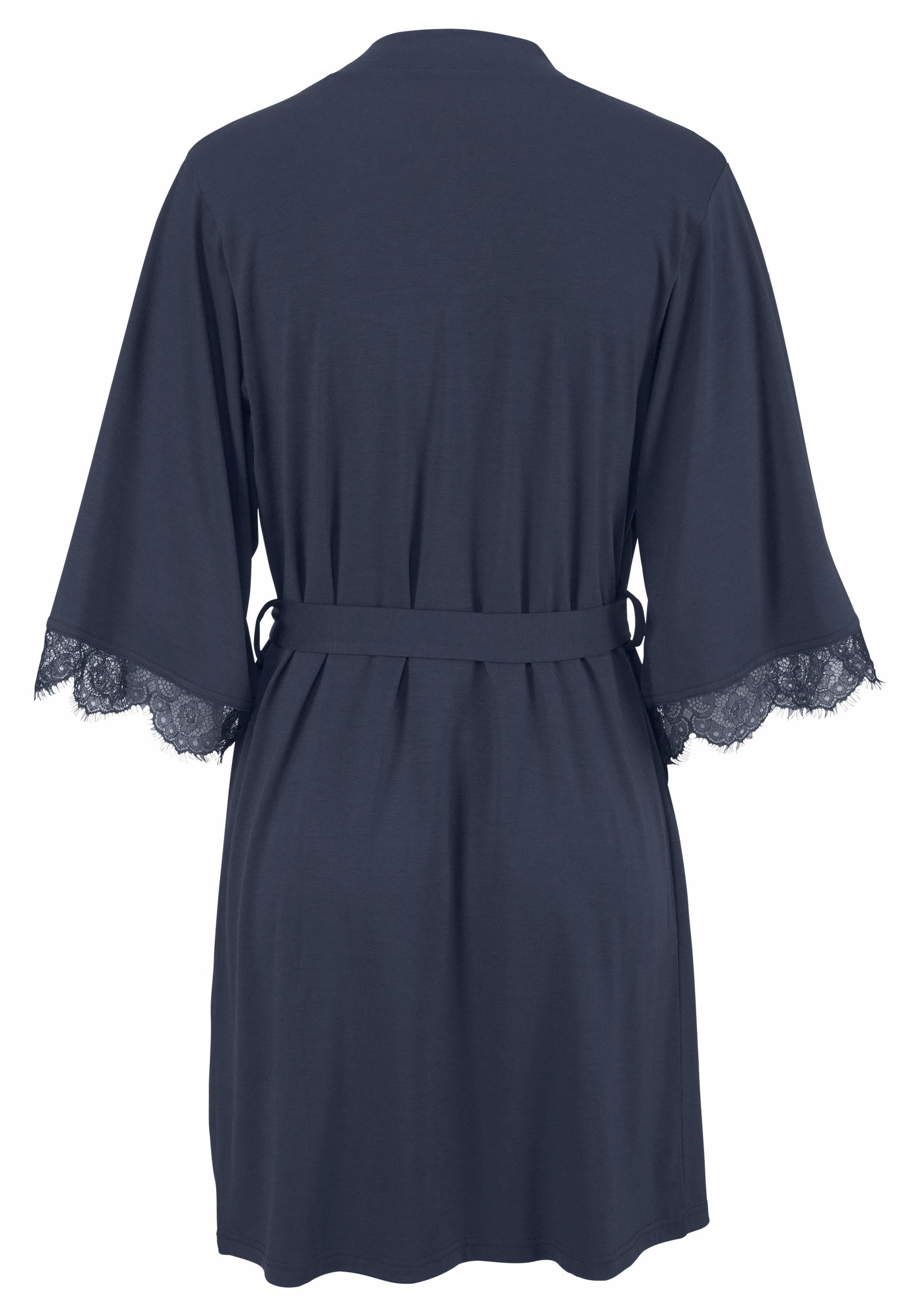 LASCANA Kimono, Kurzform, Jersey, Gürtel, mit Spitze am Ärmelsaum