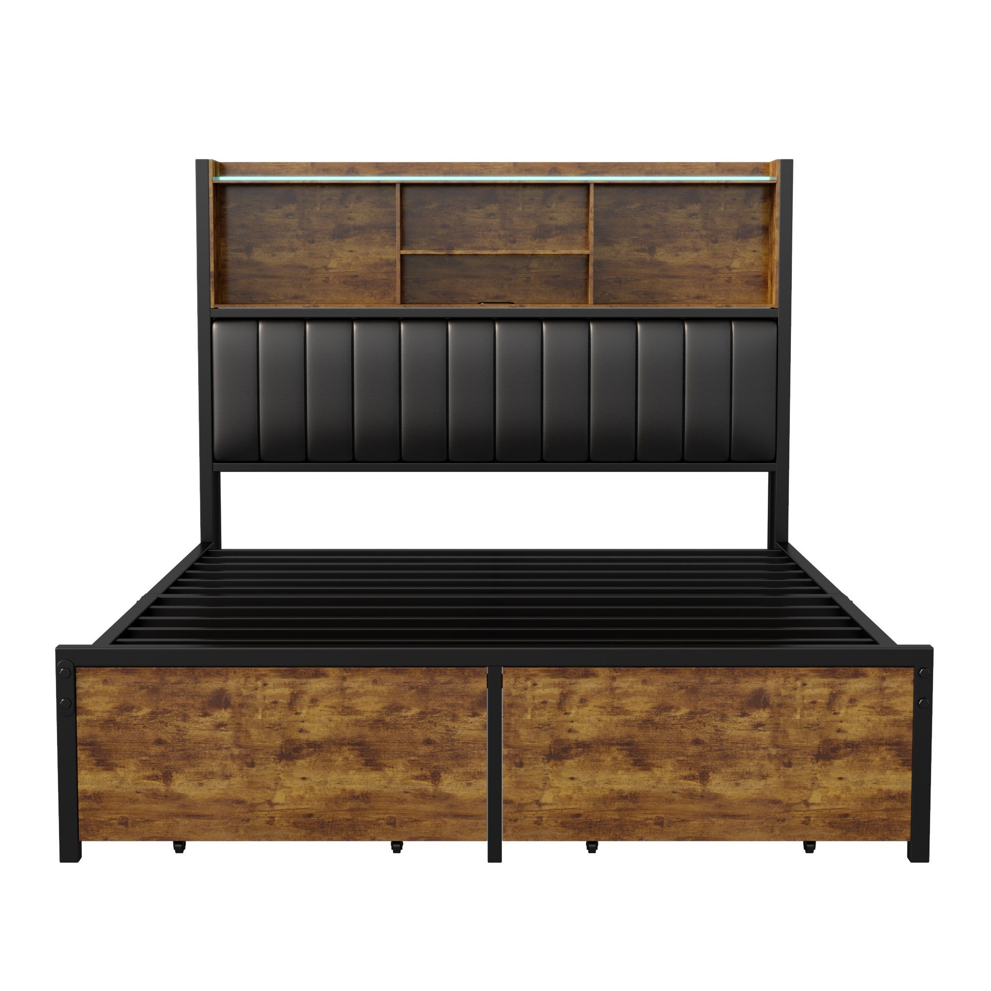 Furnishings Home Polsterbett LED Stauraumbett Doppelbett (Multifunktionsbett, USB + TYPE-C), Mit LED-Beleuchtung, 2 Schubladen, Ladefunktion, Kunstleder,140x200 cm