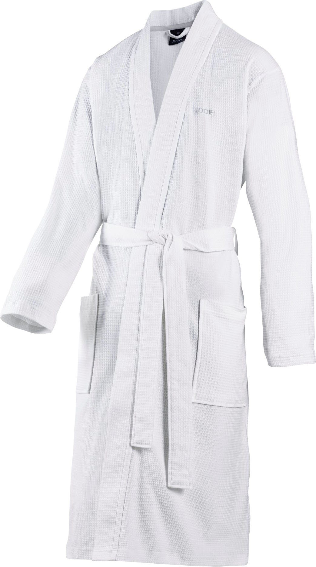 Joop! Herrenbademantel UNI-PIQUÉ, Kurzform, Baumwolle, Kimono-Kragen, Gürtel, mit kontrastigem Logo-Stick weiß
