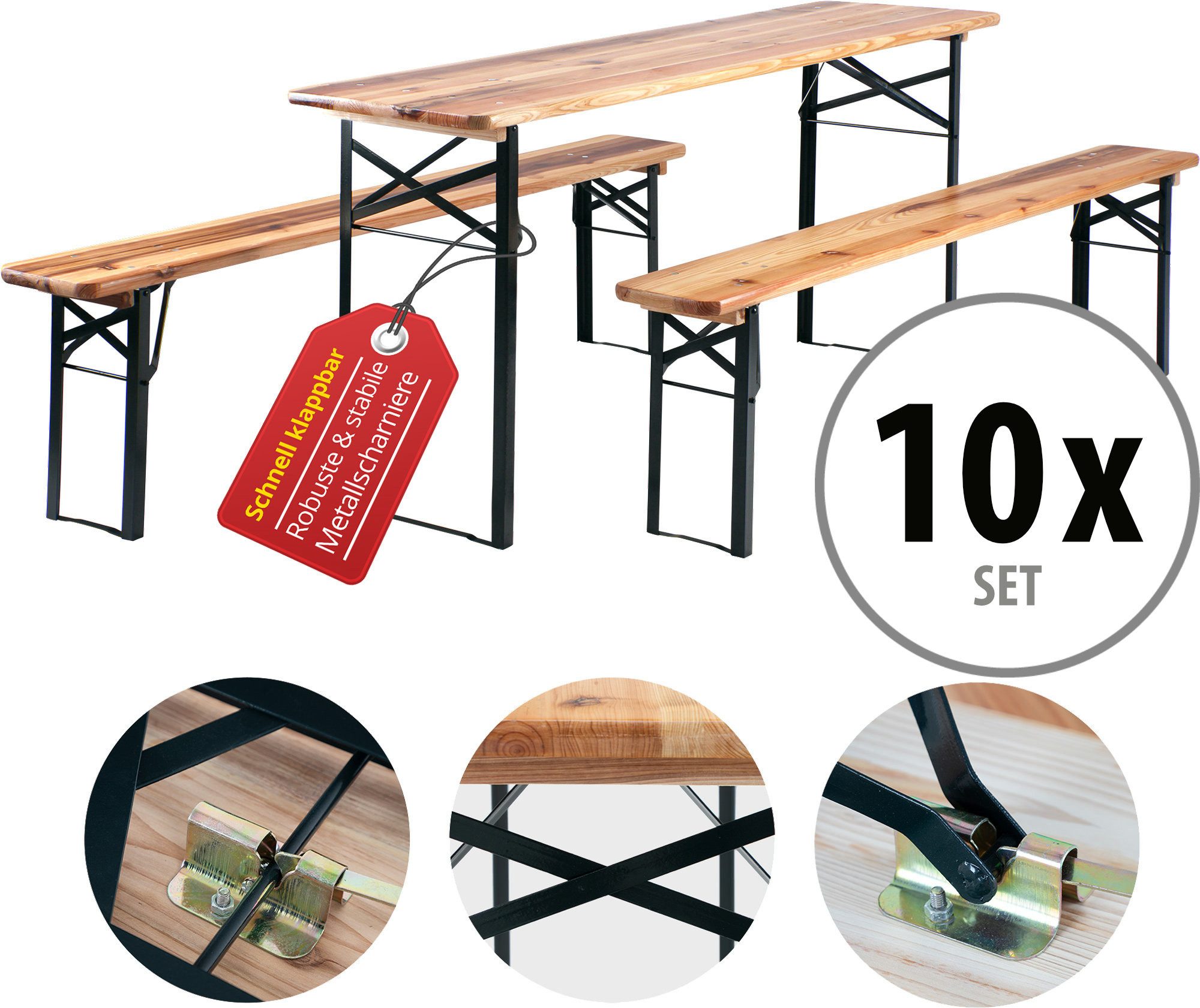 Stagecaptain Bierzeltgarnitur Hirschgarten BB-180 Sitzgarnitur 177 cm Länge, (Stehtisch Holz, 30-tlg., 20 x Bank, 10 x Tisch), Sitzmöbelset Outdoor & Indoor, klappbar