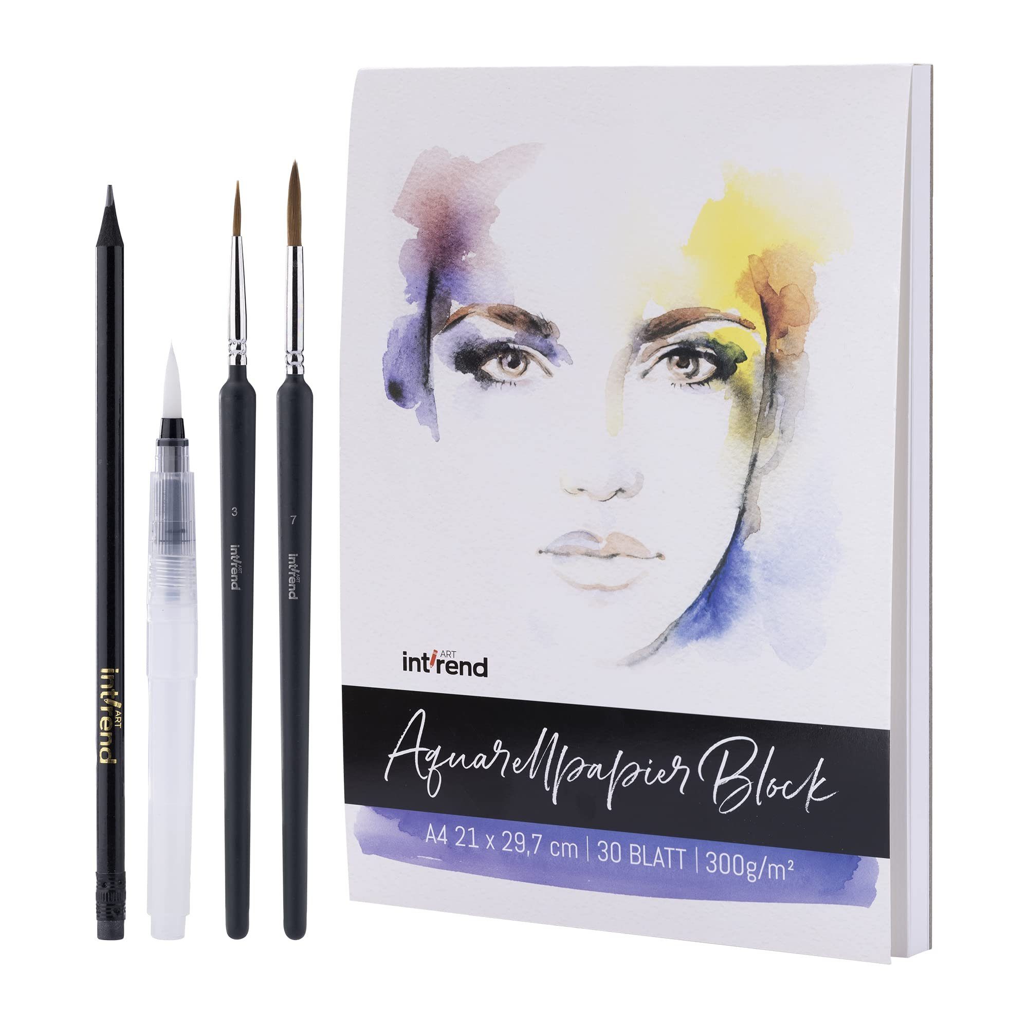 int!rend Aquarellpapier Aquarellblock A4 300g/m² 30 Blatt mit Wassertankpinsel und Bleistift, A4 300g/m² 30 Seiten Aquarellblock mit Wassertankpinsel und Bleistift