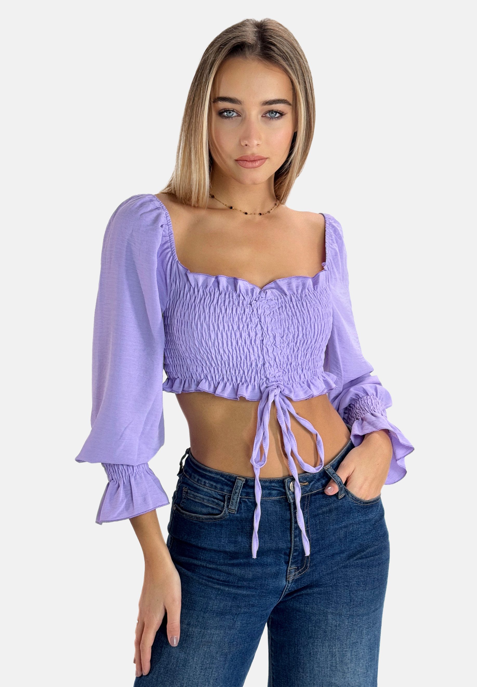 Blusentop – Crop Bluse mit Smokoptik und Bindeband