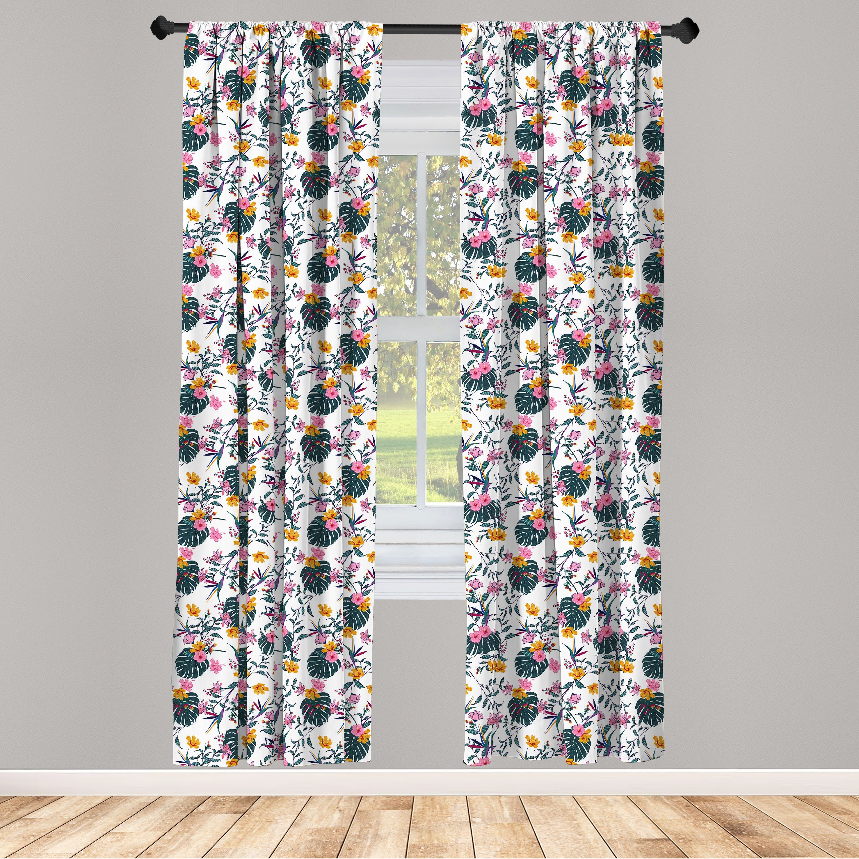 Gardine Vorhang für Wohnzimmer Schlafzimmer Dekor, Abakuhaus, Microfaser, Tropisch Exotische Blätter Blumen-Kunst