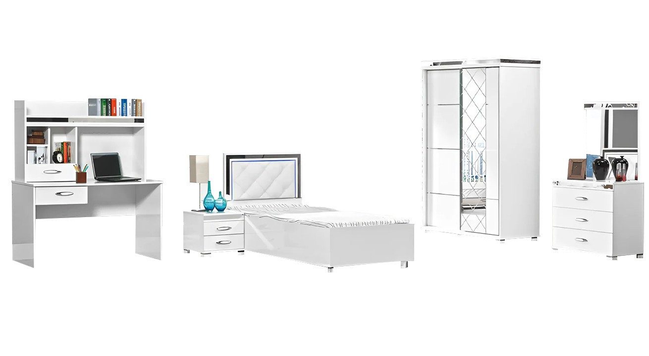 Jugendzimmer-Set XLMOEBEL Jugendzimmermöbel Set Weiß mit Bett, Nachttisch und Schrank
