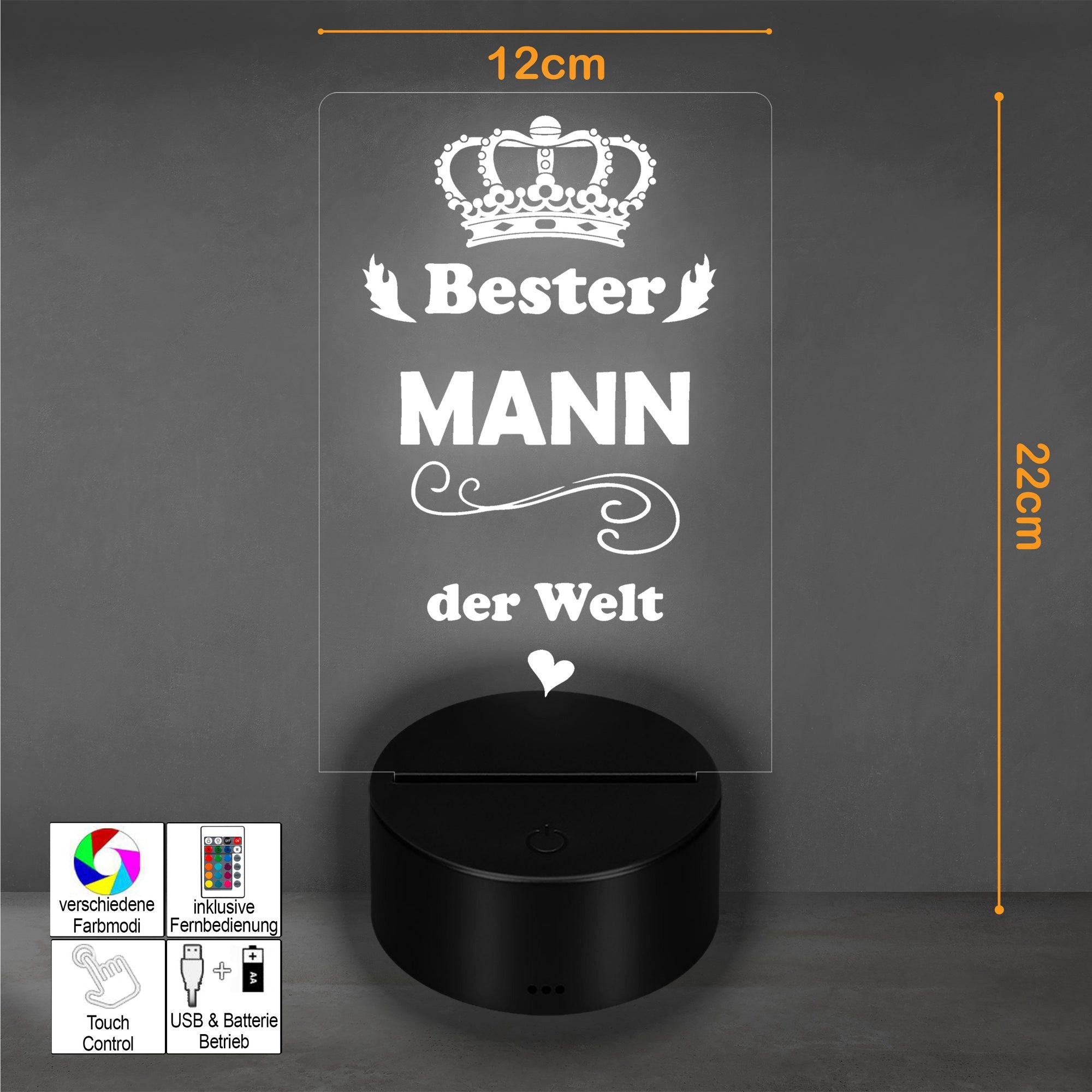Lieblingsmensch LED Nachtlicht mit Gravur, Bester Mann, Acryl-Lampe mit romantischem Spruch, LED fest integriert, Farbwechsel oder feste Farbe mit Fernbedienung – Bild 2 von 5