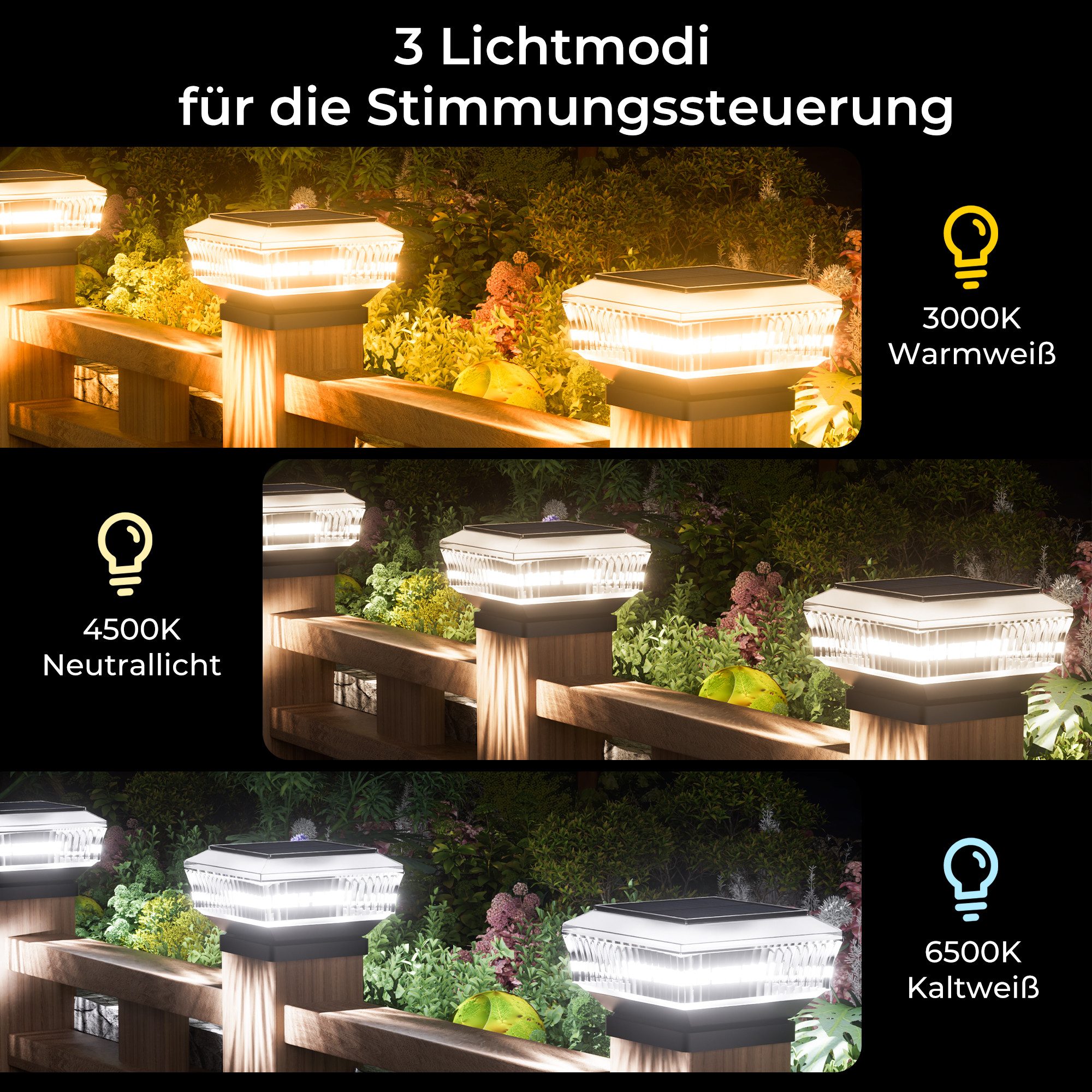 Quntis LED Solarleuchte Pfostenleuchte solarleuchten für außen, Gartenbeleuchtung Zaunpfosten, Warmweiß, Kabellos, ABS+PC, Terrasse, 3 Modi für Holz- & Vinylpfosten ab 9x9cm