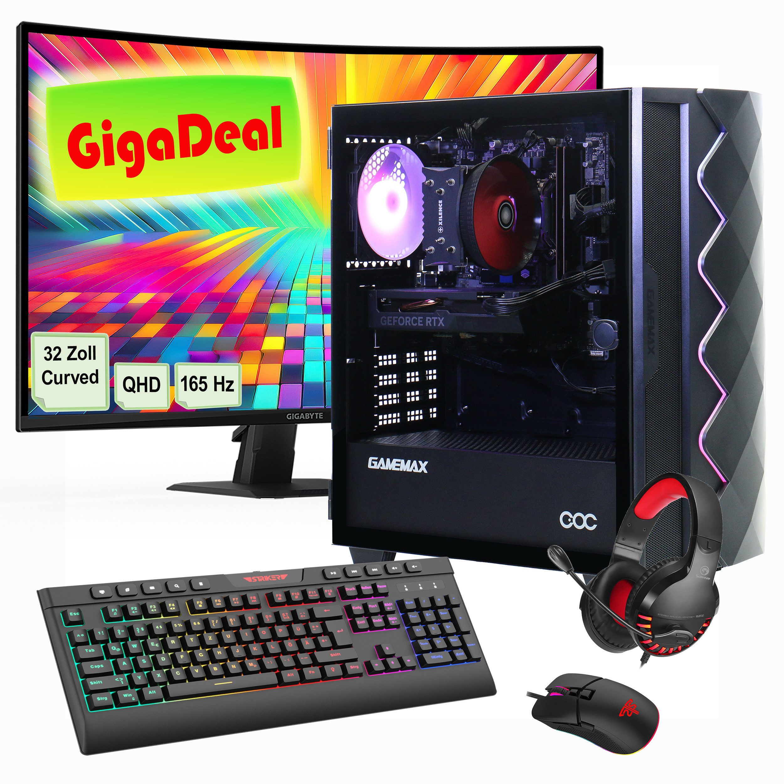 GAMEMAX GigaDeal Gaming-PC-Set Diamond BK PC-Komplettsystem (32", Intel® Core i5 14400F, RTX 4070, 32 GB RAM, 1000 GB SSD, Windows 11 + Gigabyte GS32QC LED-Monitor Curved, 80 cm (32)