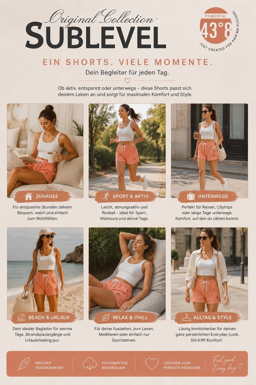 SUBLEVEL Shorts Damen Sweat Bermudas kurze Hose Baumwolle Hotpants Sommer Hose Leichte Sweat Bermuda mit Kordel, Hotpant – Bild 5 von 5