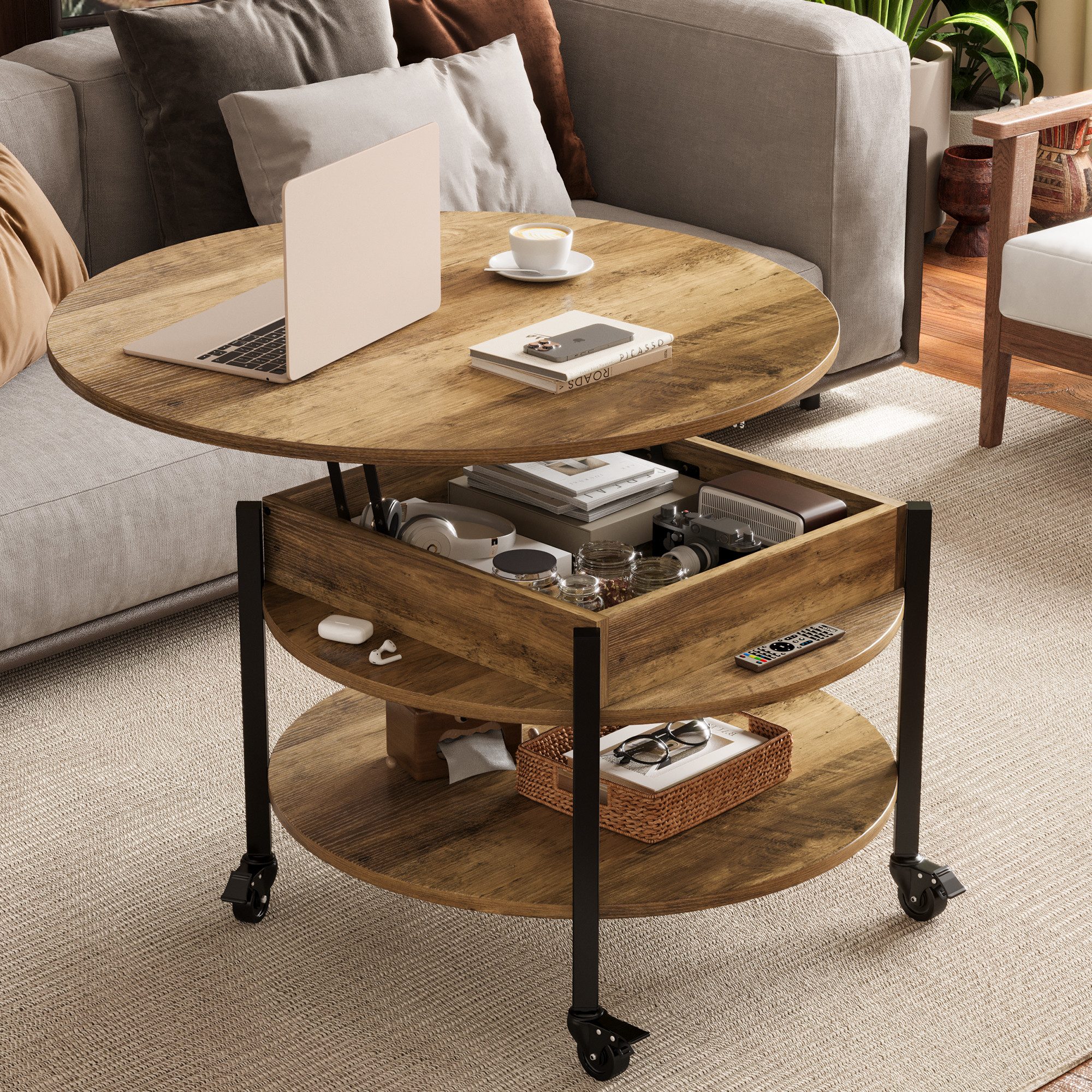 FABATO Couchtisch Runder Couchtisch mit Höhenverstellung, Rädern und Staufach (1-St), ideal für Wohnzimmer, in Natur