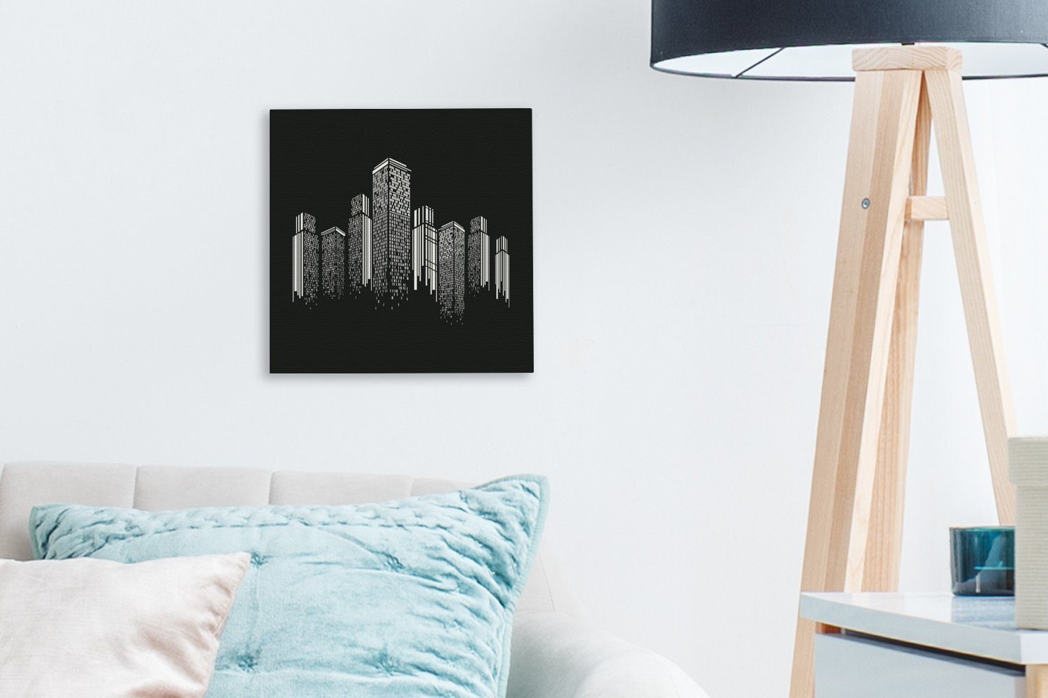 Eine Skyline, einer für (1 Wohnzimmer OneMillionCanvasses® Bilder Leinwand St), Schlafzimmer Leinwandbild Schwarz-Weiß-Illustration