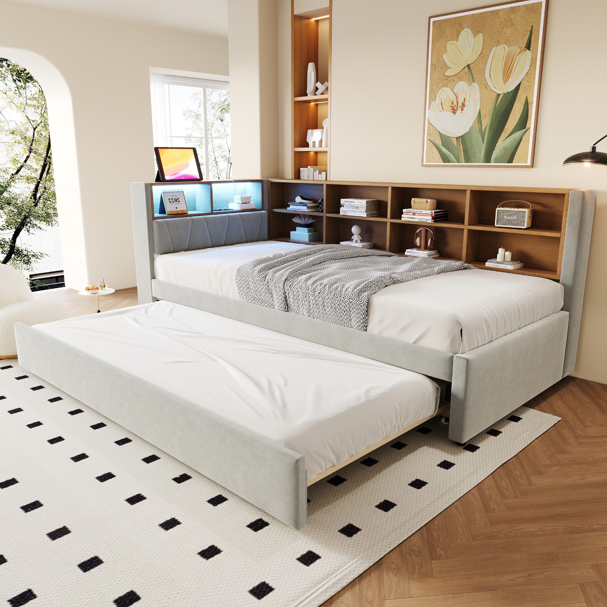 REDOM Schlafsofa mit Ausziehbares, LED-Beleuchtung, Steckdosen & Ablagefächern, aus Flanell Polsterbett, Stauraumbett 90 x 200 & 90x190 cm, ohne Matratze