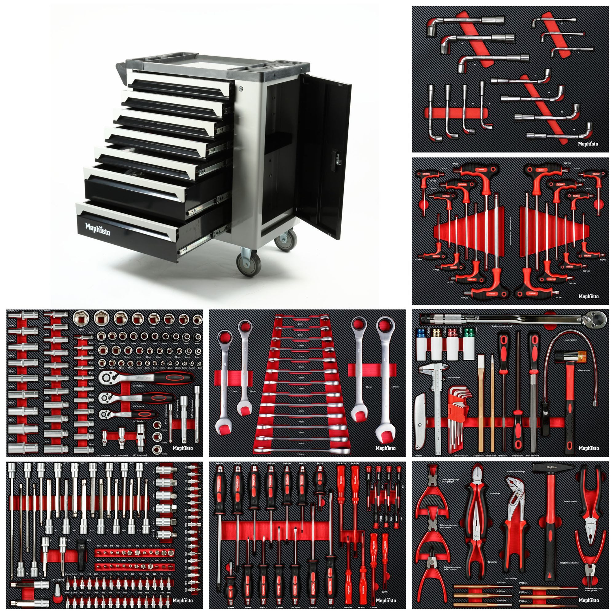 Mephisto-Tools Werkzeugwagen, (fertig montiert und bestückt), Schubladen abschließbar und bis je 35 kg belastbar, 2 Schlüssel inkl.