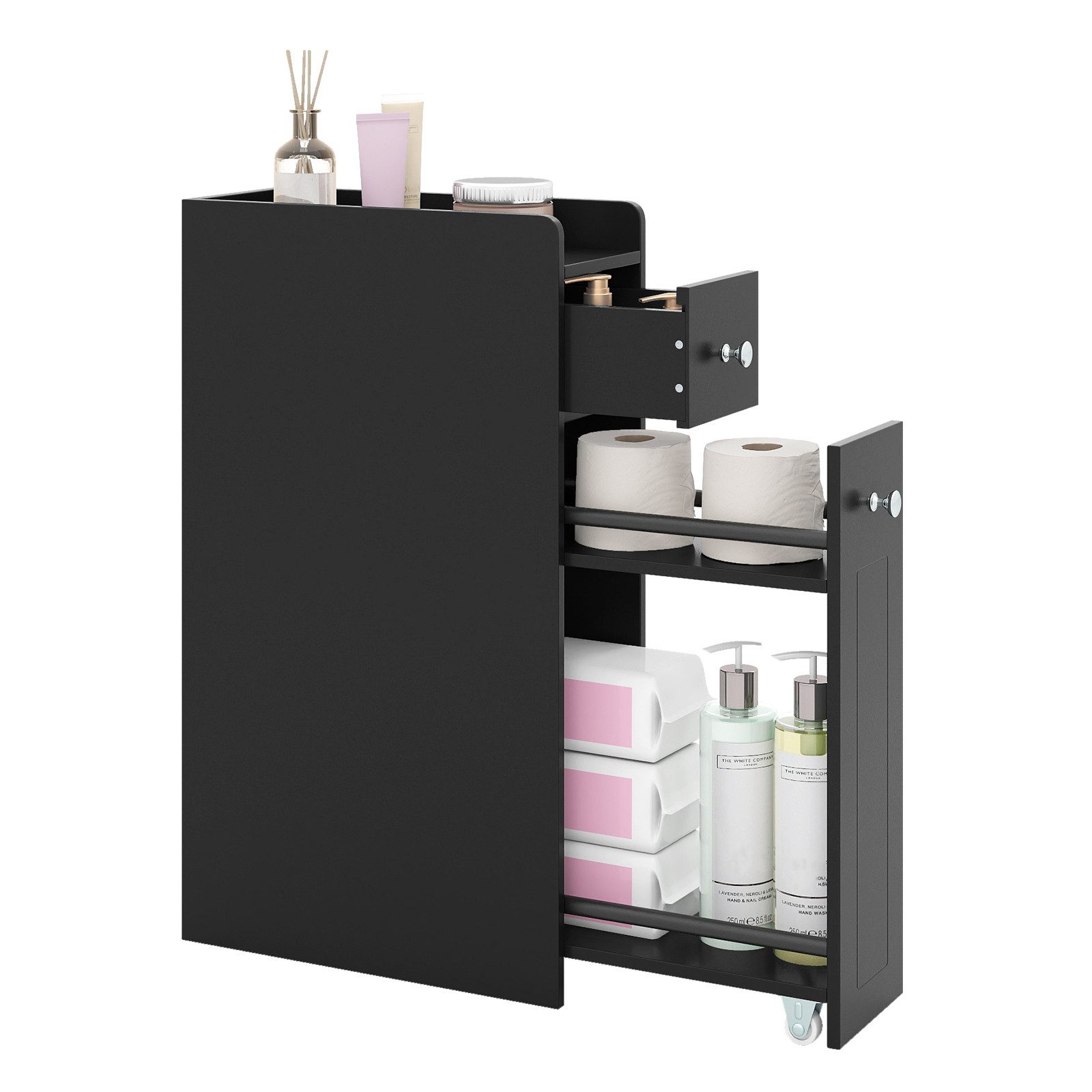 COSTWAY Badkommode, Nischenschrank mit Schublade & Rollen Holz 40x18x70cm