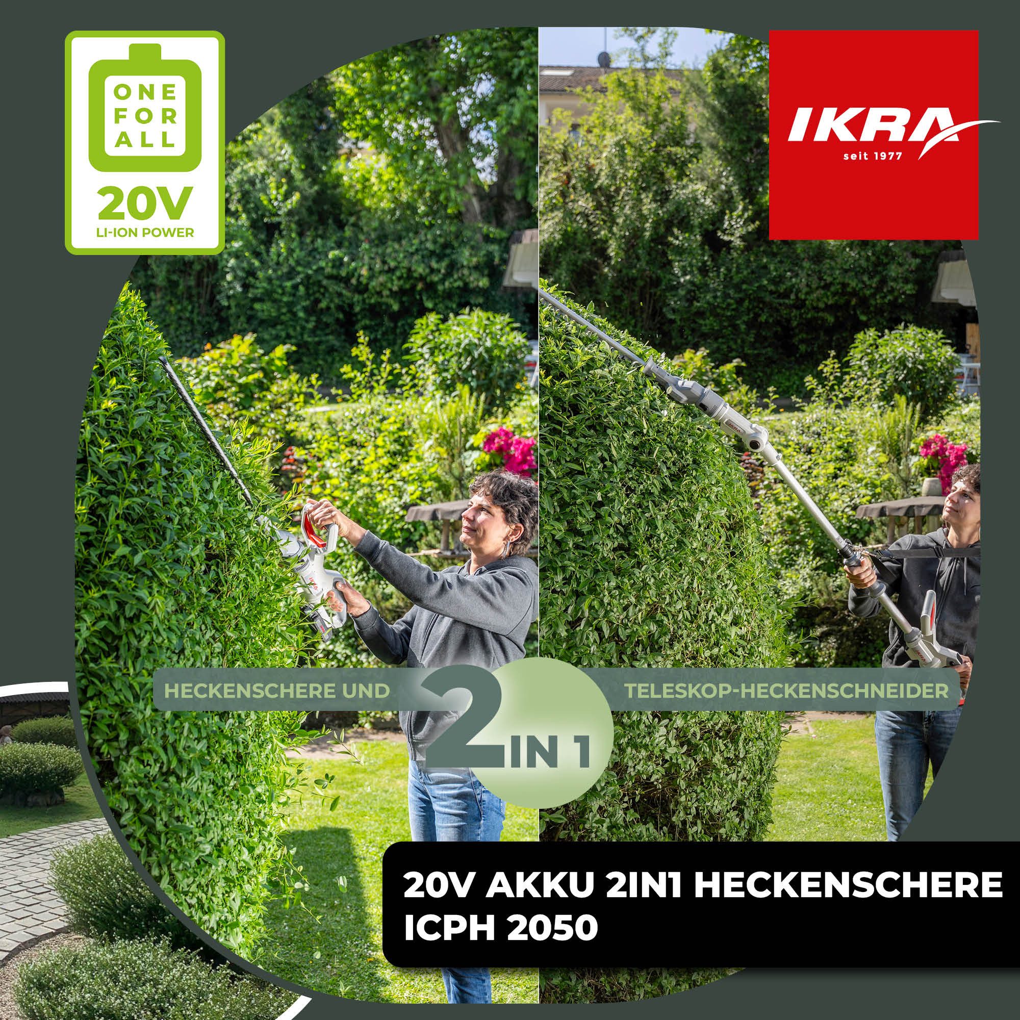 ikra GmbH Teleskop-Heckenschere ICPH 2050, bis 2,10 m Arbeitshöhe, 20 V, Praktische 2in1-Funktion (klassisch oder als Teleskop)