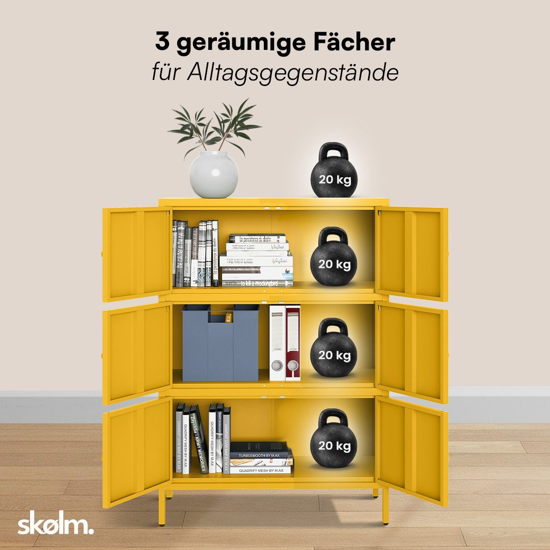 skølm Kommode Atriona aus Metall, Metallschrank mit Türen und Fächern (Senfgelb, 3 Fächer & 6 Türen), 113,5 x 80 x 38 cm, auch mit 2 Fächern – Bild 5 von 5