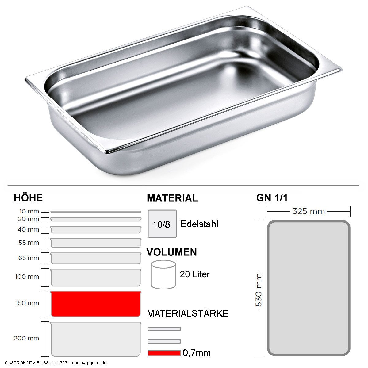WAS Thermobehälter Gastronorm Behälter GN 1/1 - 150mm - GN90 - 18/8 Edelstahl - 0,7mm, Edelstahl
