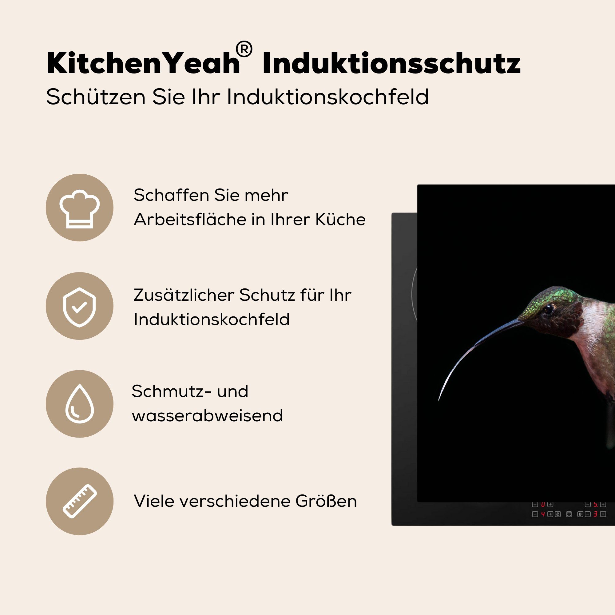 Ceranfeldabdeckung Vogel cm, für Federn, die küche, MuchoWow - (1 Vinyl, Herdblende-/Abdeckplatte 59x52 Kolibri - tlg), Induktionsmatte