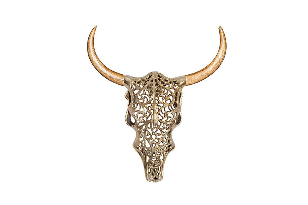 riess-ambiente Wanddekoobjekt EXOTIC BULL 57cm gold/natur - Metall, Mangoholz, Stierkopf, handmade, Tierische Skulptur - ideal für Wohn- und Schlafzimmer oder Flur