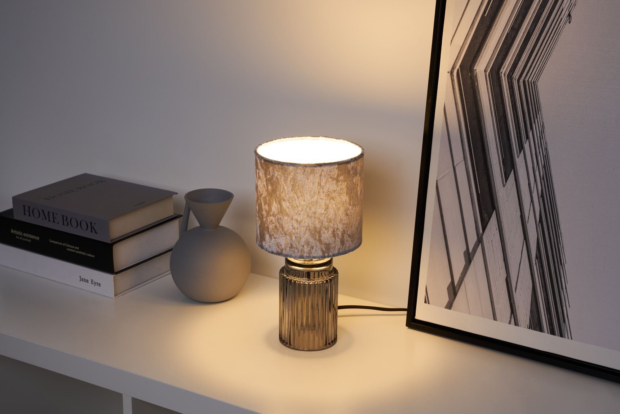 Pauleen Tischleuchte Classy Velvet max20W Grau/Rauchglas 230V Samt/Glas, Ei günstig online kaufen