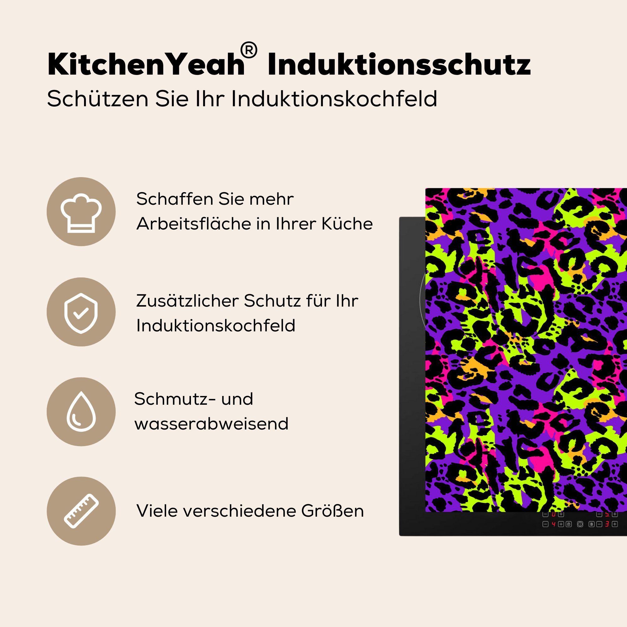 Induktionskochfeld - Gelb, Neon Lila Herdblende-/Abdeckplatte Pantherdruck die - küche, - (1 tlg), Ceranfeldabdeckung für Schutz MuchoWow 81x52 cm, Vinyl,