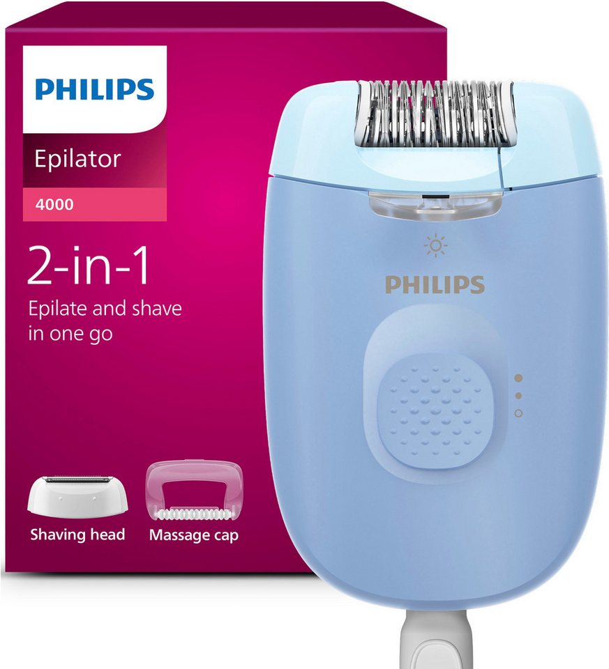 Philips Epilierer Series 4000, Aufsätze: 2 St., kompakter Epilierer mit Kabel und LED-Licht, inkl. Massageaufsatz