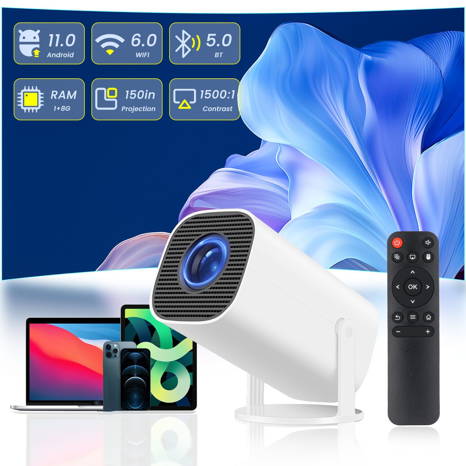 Mini Beamer,4K Full HD 1080P Android 11.0 180°Dreh Tragbarer Projector Mini-Beamer
