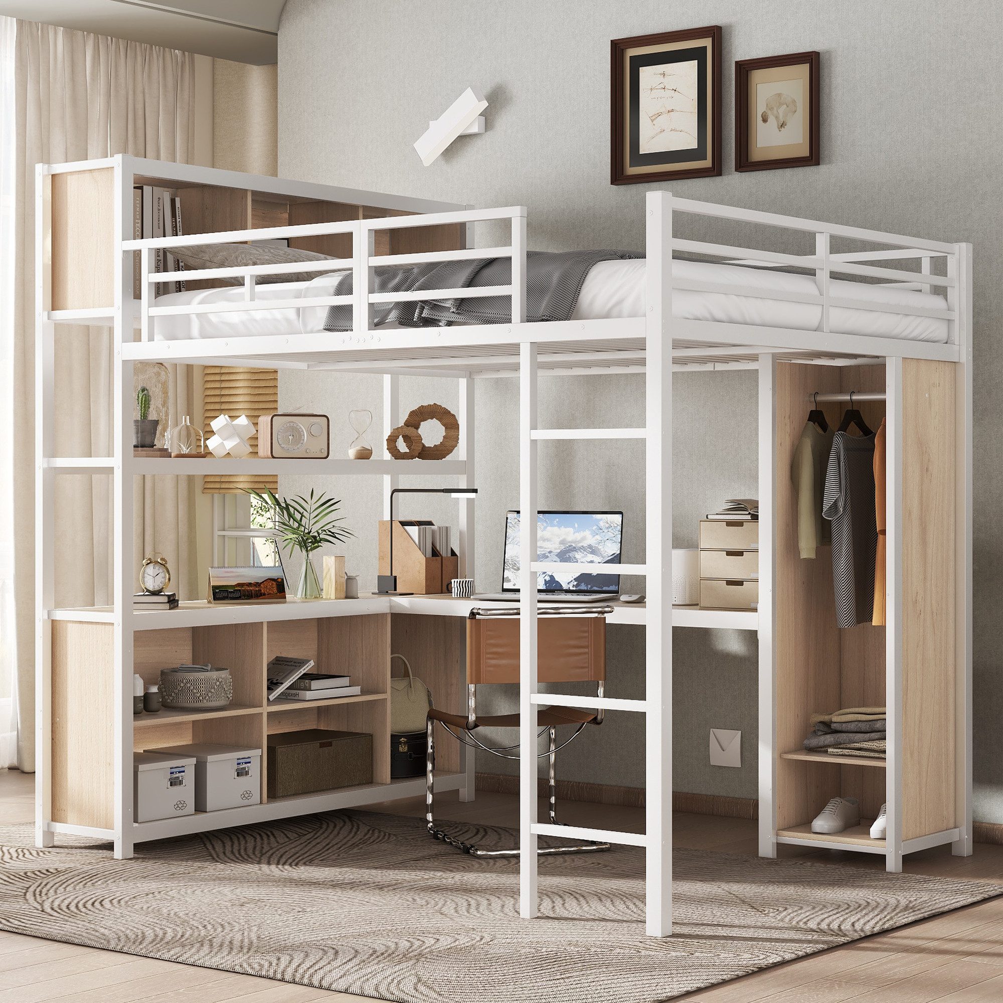 OKWISH Kinderbett Eisenhochbett Metallbett (mit Stauraum unter dem Schreibtisch, integriertem Kleiderschrank, stabiler Leiter und Lattenrost, 140x200 cm), ohne Matratze