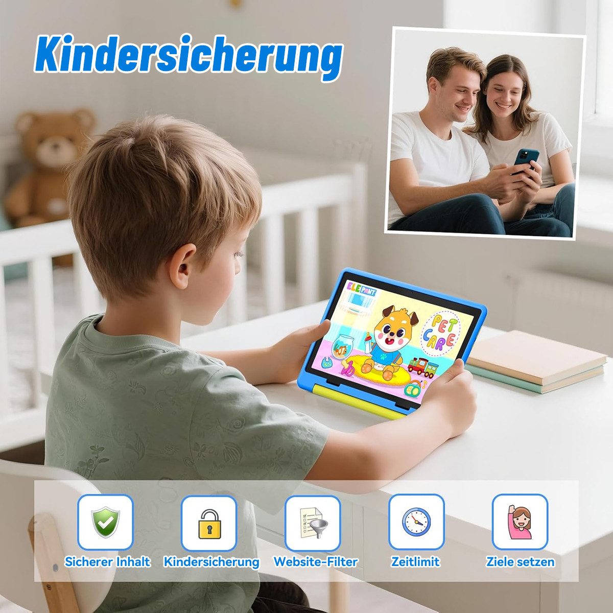 BUFO 10'' Android 64GB 1280x800 HD IPS WiFi 6 Lern Kinder Tablet (10", 64 GB, Android 15, 5G WiFi, Kids Bumper Blau, Elterliche Kontrolle, Anti-Blaulicht)
