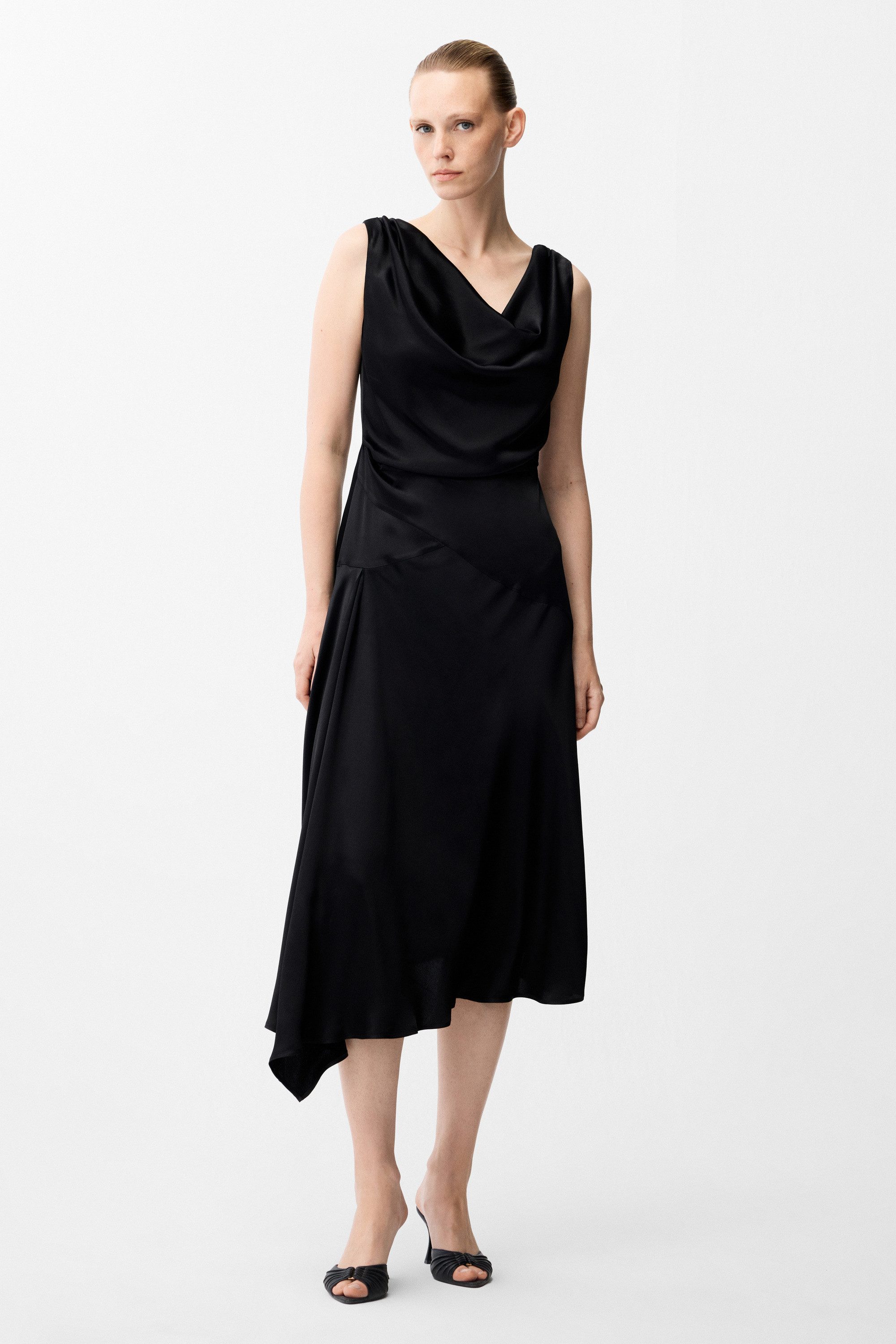 adL Cocktailkleid Ärmelloses Satin-Midikleid mit drapiertem Ausschnitt