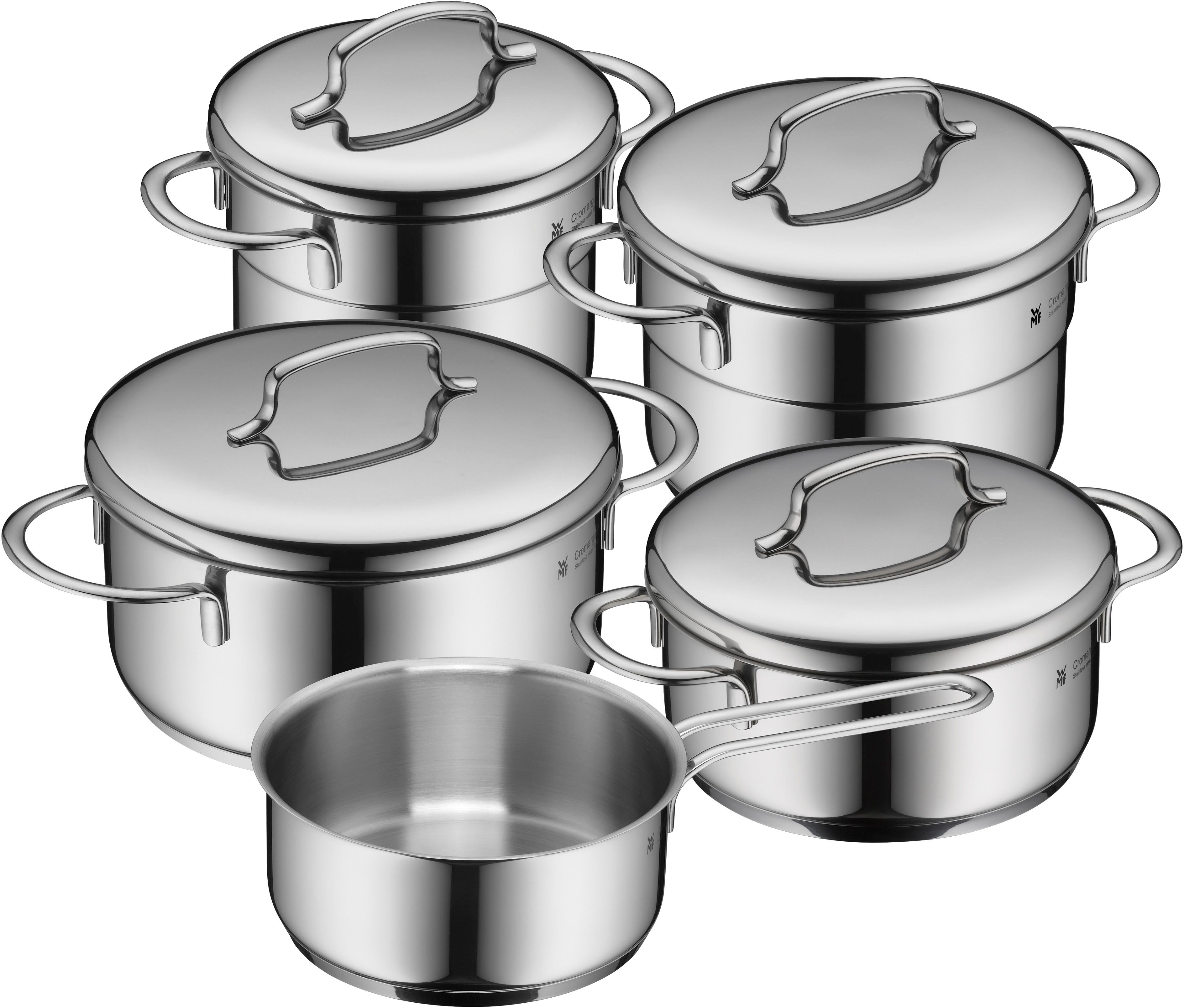 WMF Topf-Set Mini, Cromargan® Edelstahl Rostfrei 18/10 (Set, 9-tlg., Kochtopf 12 + 14 cm, Bratentopf 14 + 16 cm, Stielkasserolle 14 cm), hochwertige Edelstahldeckel, platzsparende Aufbewahrung, Schüttrand