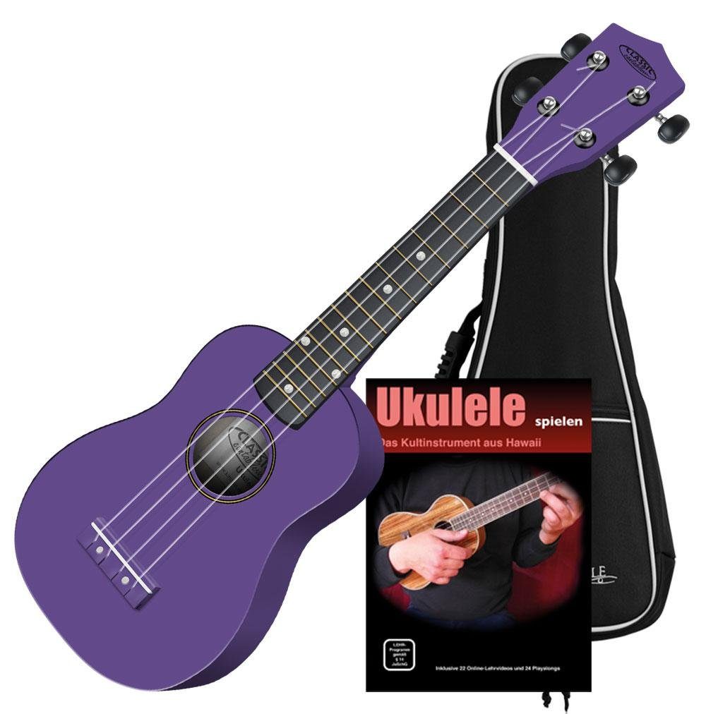 Classic Cantabile Ukulele Sopranukulele (Ukulele, Uke, 15 Bünde, leichtgängige Gitarrenmechanik), Komplett Set, Set inkl. Gigbag und Ukulelen-Schule