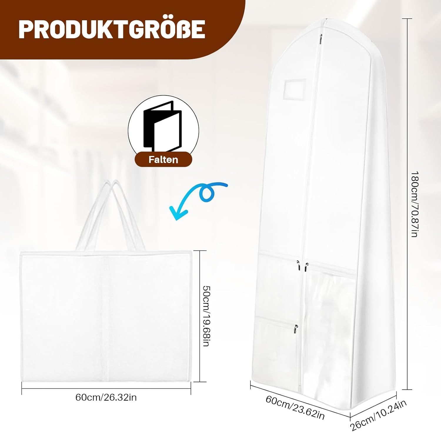 Zaewry Kleidersack Lang 180×60 cm, Faltbare Kleiderhülle mit 4 Taschen, mit Griffen