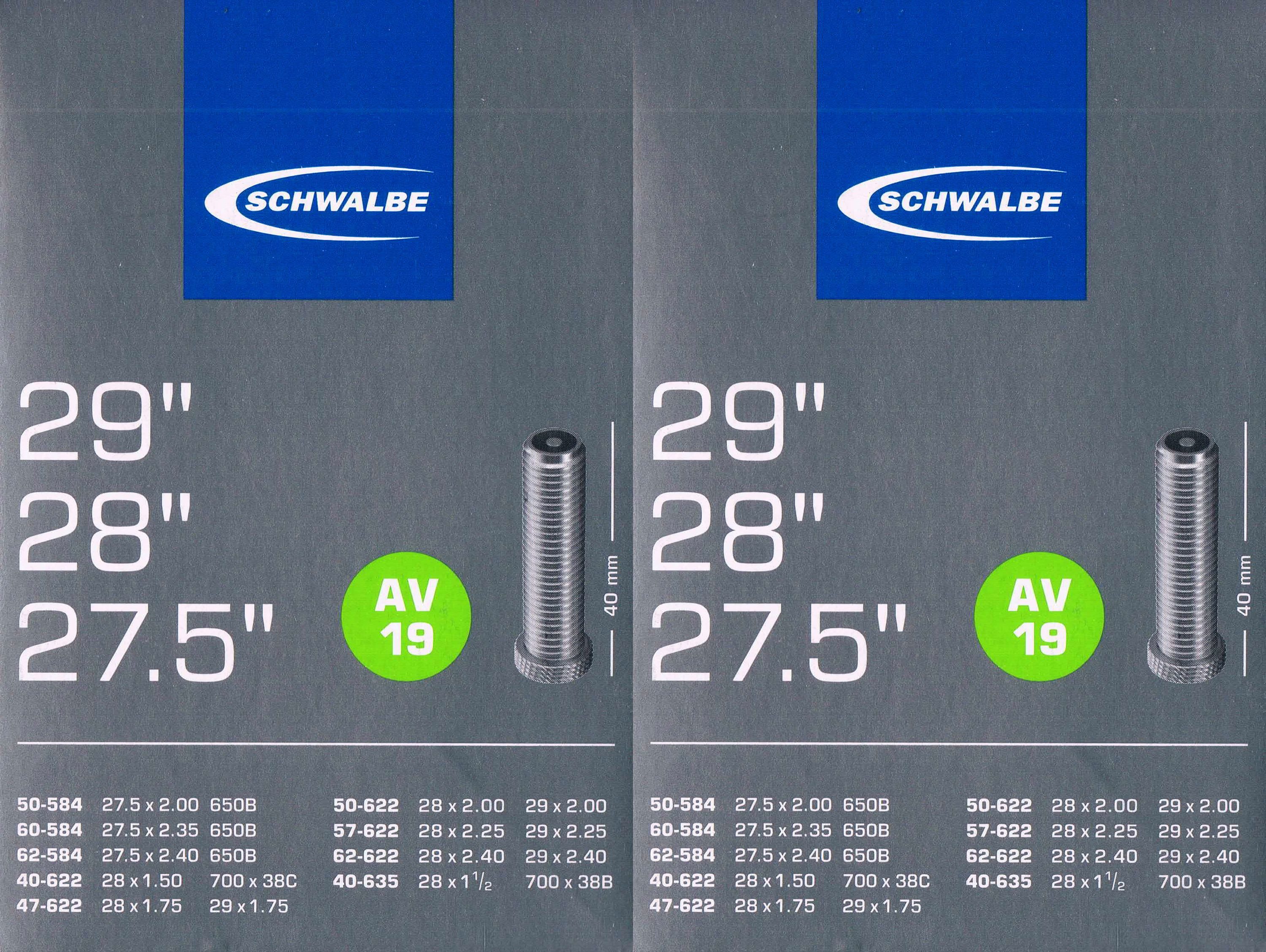 Schwalbe Fahrradschlauch 2x Schwalbe AV 19 Schlauch 29 Zoll 622 AV19 27.5 584 Autoventil, 28, 29, (2-St)