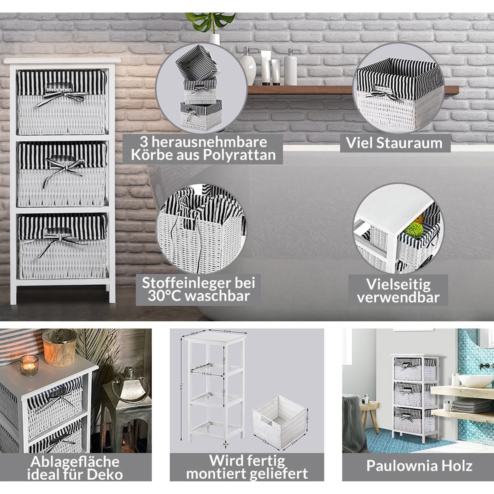 HTI-Living Badregal Regal mit 3 Körben Mia Landhaus Weiß Schwarz, Stück 1-tlg., Badregal Schubladenkommode